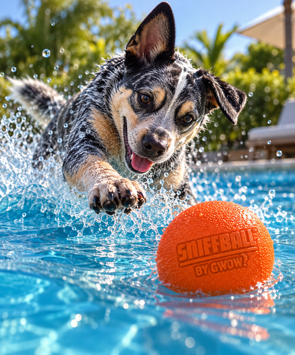 Perro jugando en el agua con SNIFFBALL, pelota interactiva flotante de GWOW! Pet Lab