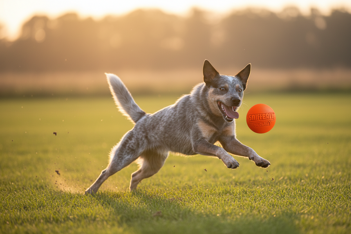 Perro jugando con SNIFFBALL, pelota olfativa e interactiva de GWOW! Pet Lab